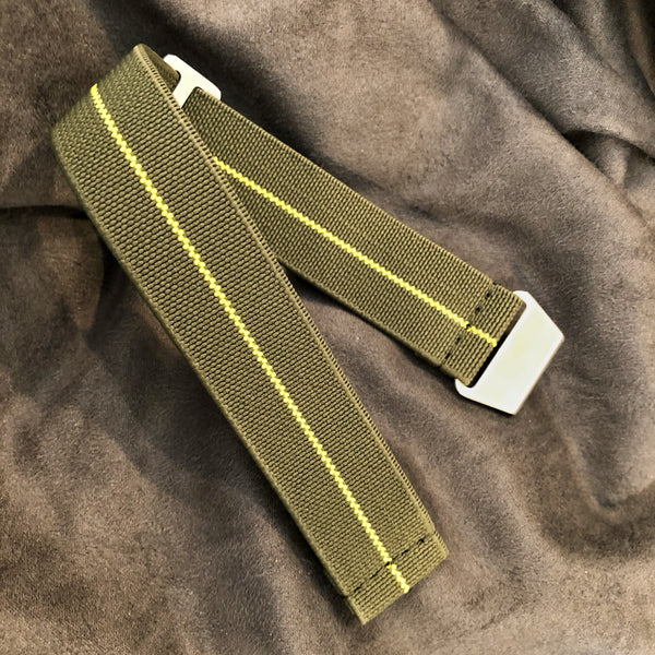 Parachute Style No Pass Elastic Watch Strap - Forest Green and Yellow  Stripe