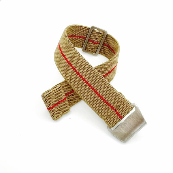 Parachute Style "No Pass" Elastic Watch Straps - Khaki With Red Stripe