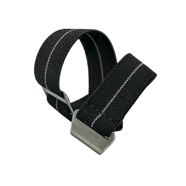 Black watch strap with silver Stripe and steel buckle on a white background with paratrooper style band