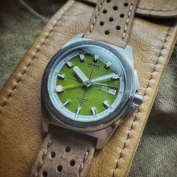 Stunnng GMT by Seals Watch Company, Olive Drab Dial, Black and Orange Accents, Miyota 9075 Automatic