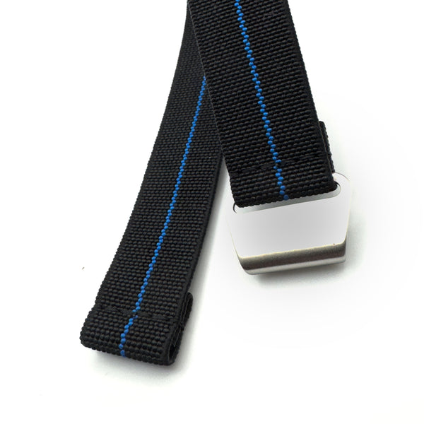 Parachute Style "No Pass" Elastic Watch Strap - Black with Blue Stripe