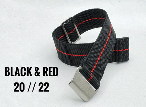 Elastic Parachute Watch Strap in Black With Red Racing Stripe