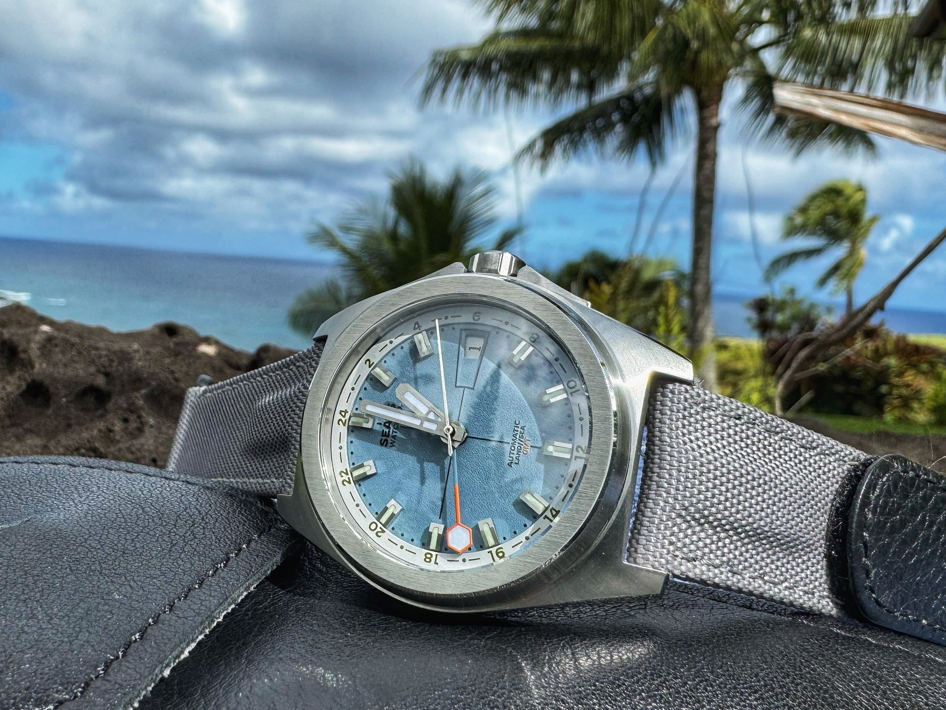 GMT Automatic Wrist Watch With Everest Blue Dial and Orange GMT Tipped Hand