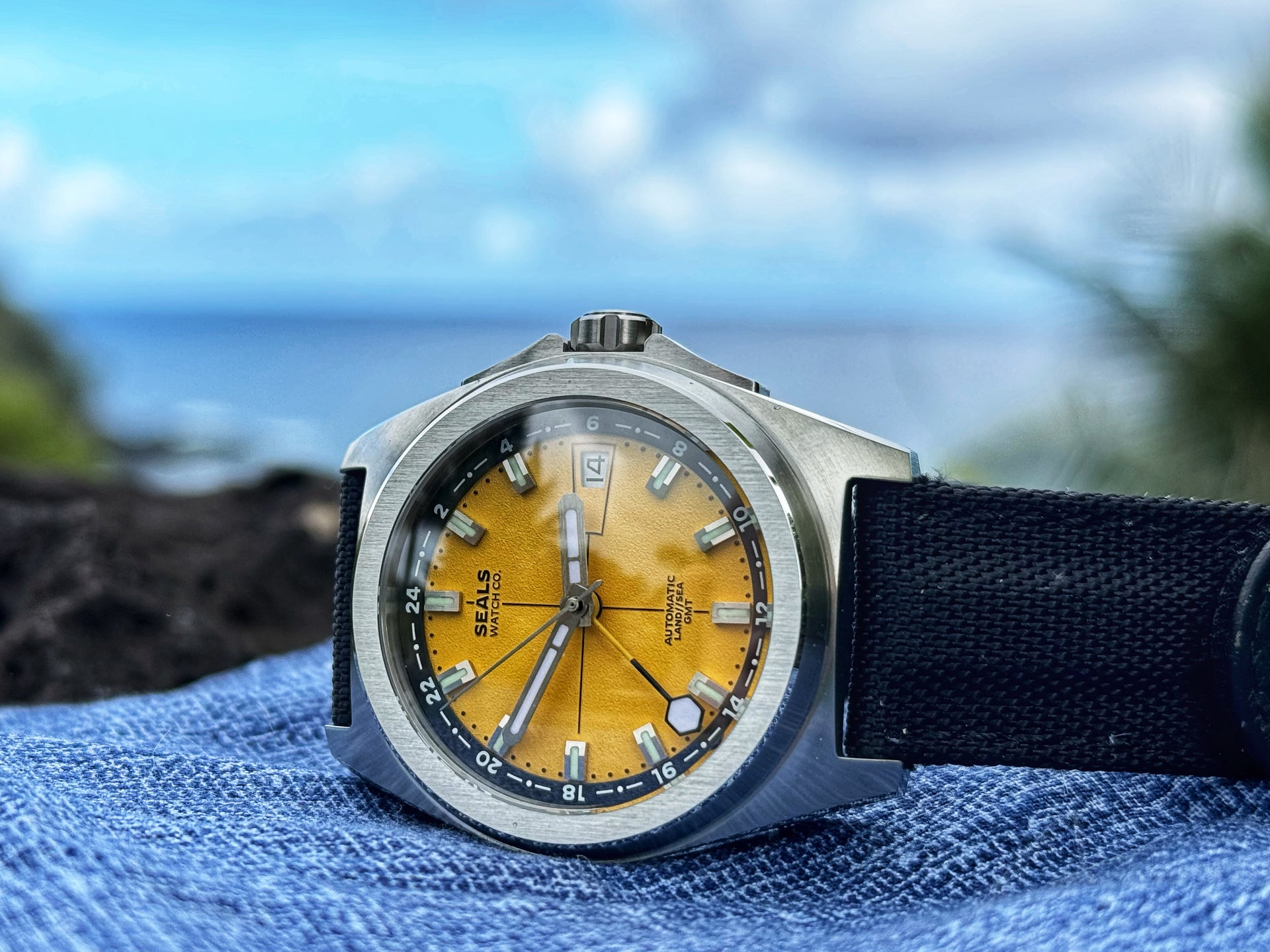 Burnt Sun and Black Accented GMT Automatic Wrist Watch From Seals Watch Co California Microbrand