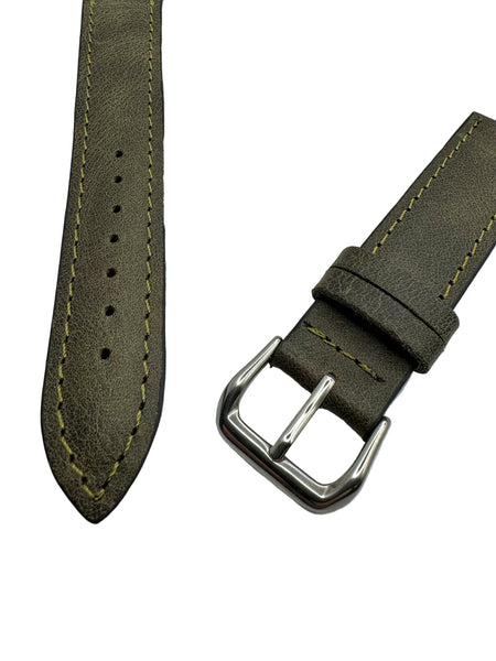 Military green leather watch strap with vintage finishing, matching stitching in 20mm and polished steel buckle