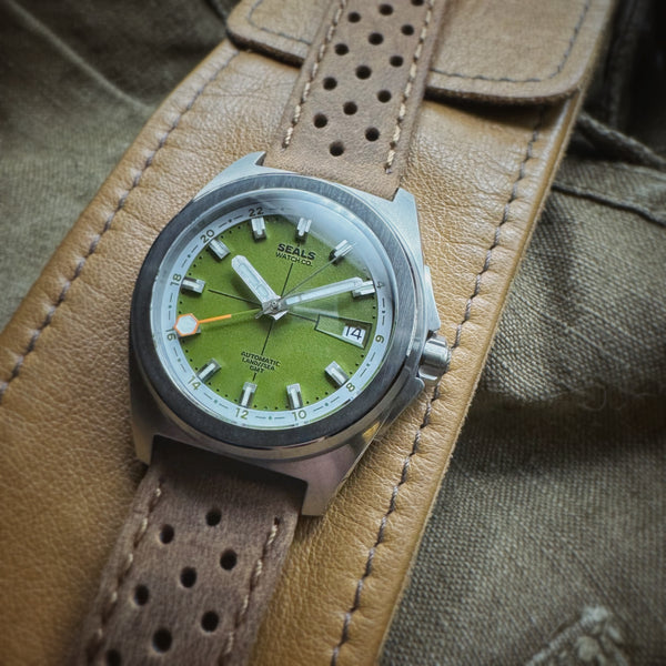 Olive Drab, Internal 24-Hour Ring, Automatic Wrist Watch, Miyota 9075, GADA by Seals Watch Company