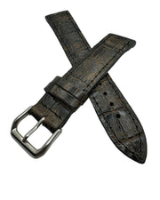 Dark brown alligator leather watch band in 20mm, polished steel buckle and brown tone stitching