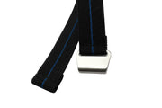 Black belt with blue stripes and a silver buckle on a white background