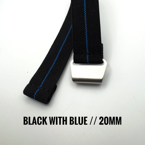 Black belt with blue stripes and a silver buckle on a white background