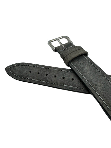 Solid grey leather watch band with polished steel buckle in 20mm