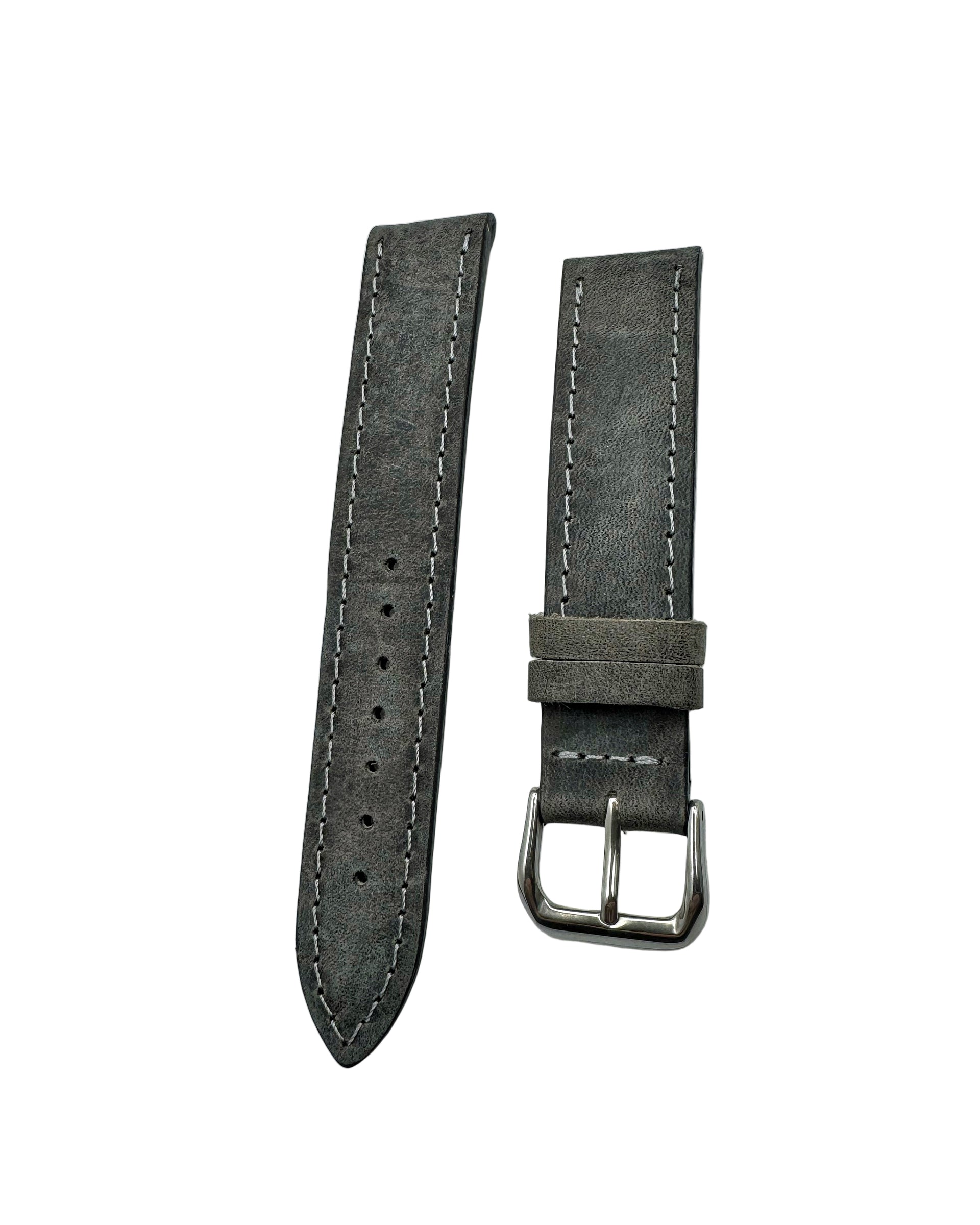 Elephant gray leather watch strap in 20mm and tapers to 18mm with polished steel buckle and light gray stitching