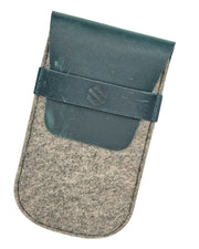 Gray felt watch pouch with teal flap on a white background