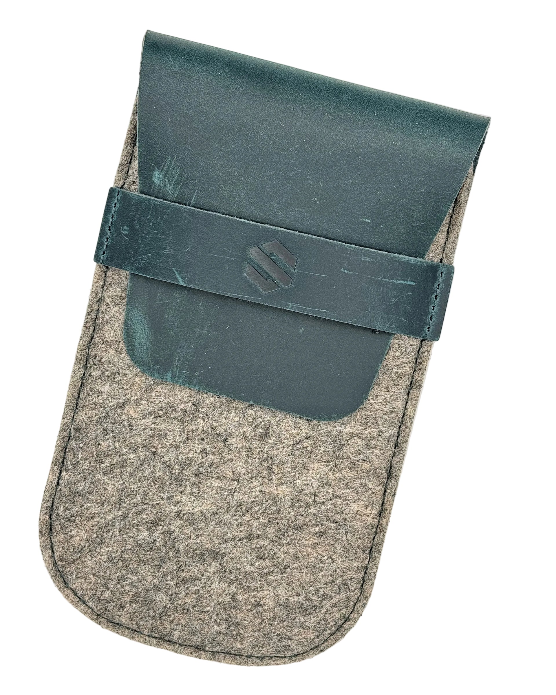 Gray felt watch pouch with teal flap on a white background