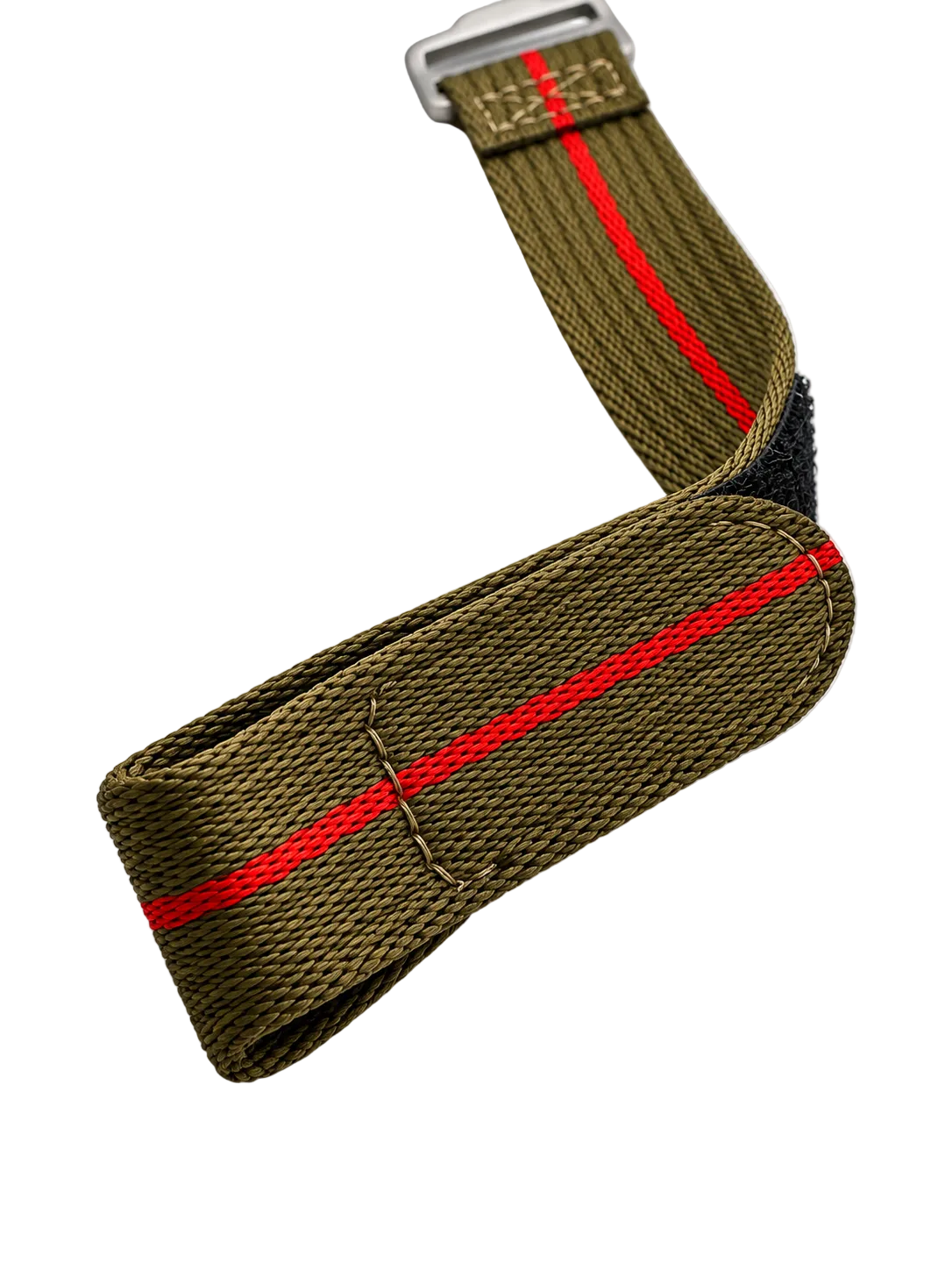 An olive green woven watch strap with a bold red stripe running down the center and a brushed steel buckle, shown on a light background.