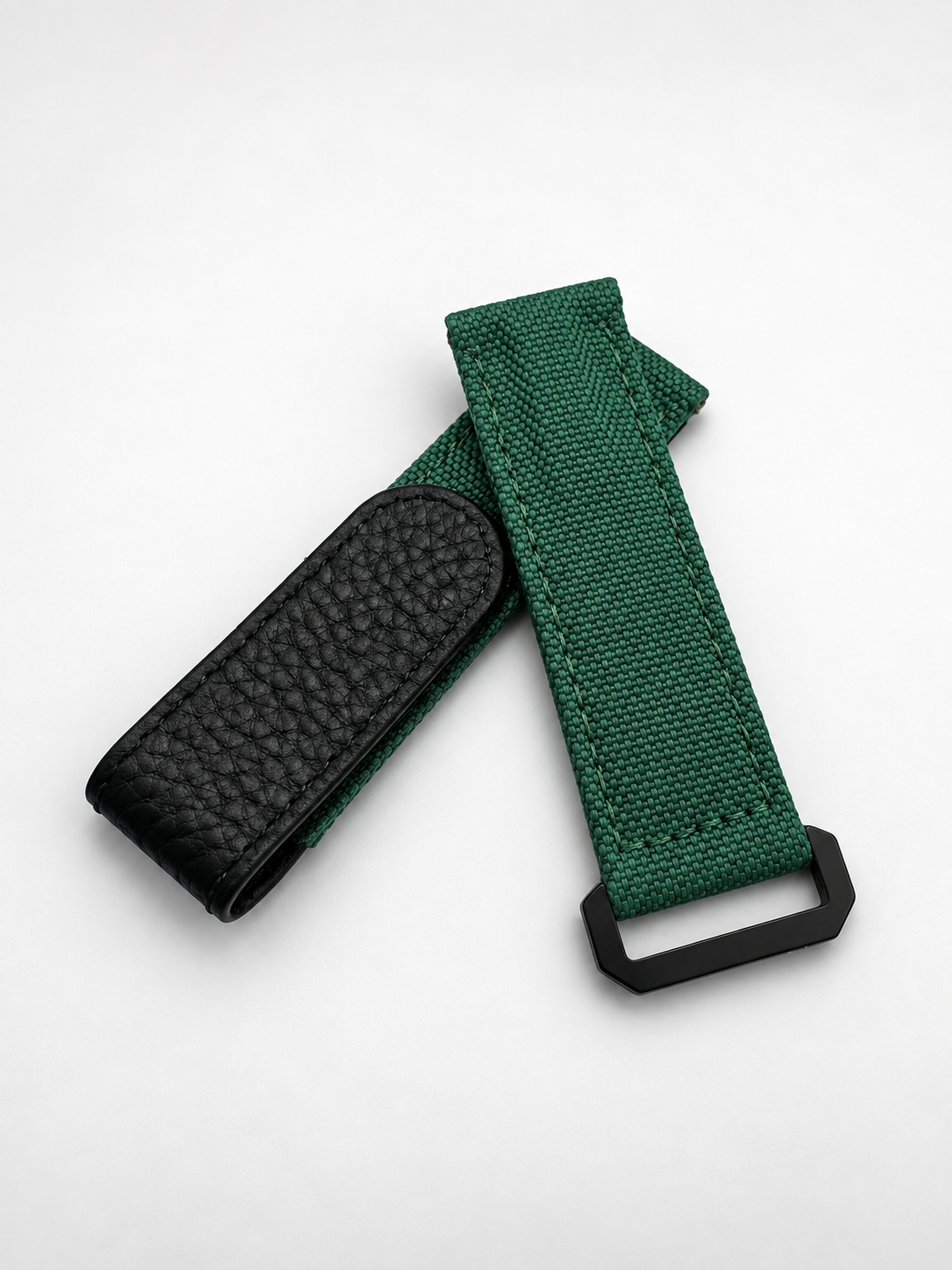 Green canvas and sailcloth watch band with leather and velcro hook and loop attachment system 