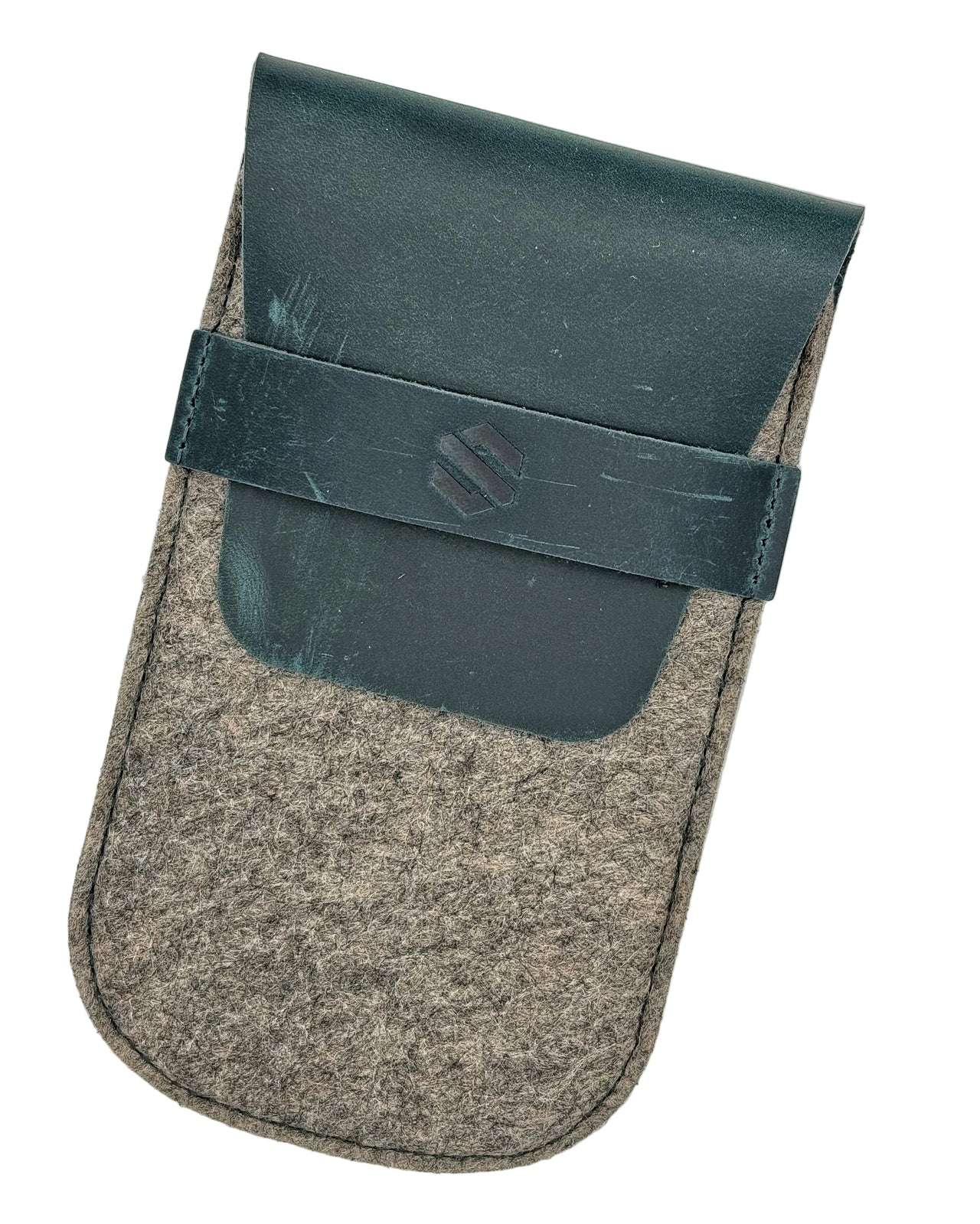 Gray felt pouch with a teal green flap closure