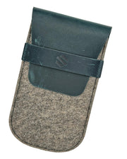 Gray felt pouch with a teal green flap closure