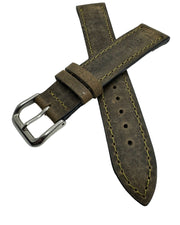 Vintage style leather watch strap in brown with bronze stitching, handmade with sealed edges