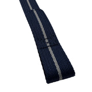 A close-up of a dark navy blue woven strap or belt with a single gray stripe, shown on a clean white background.