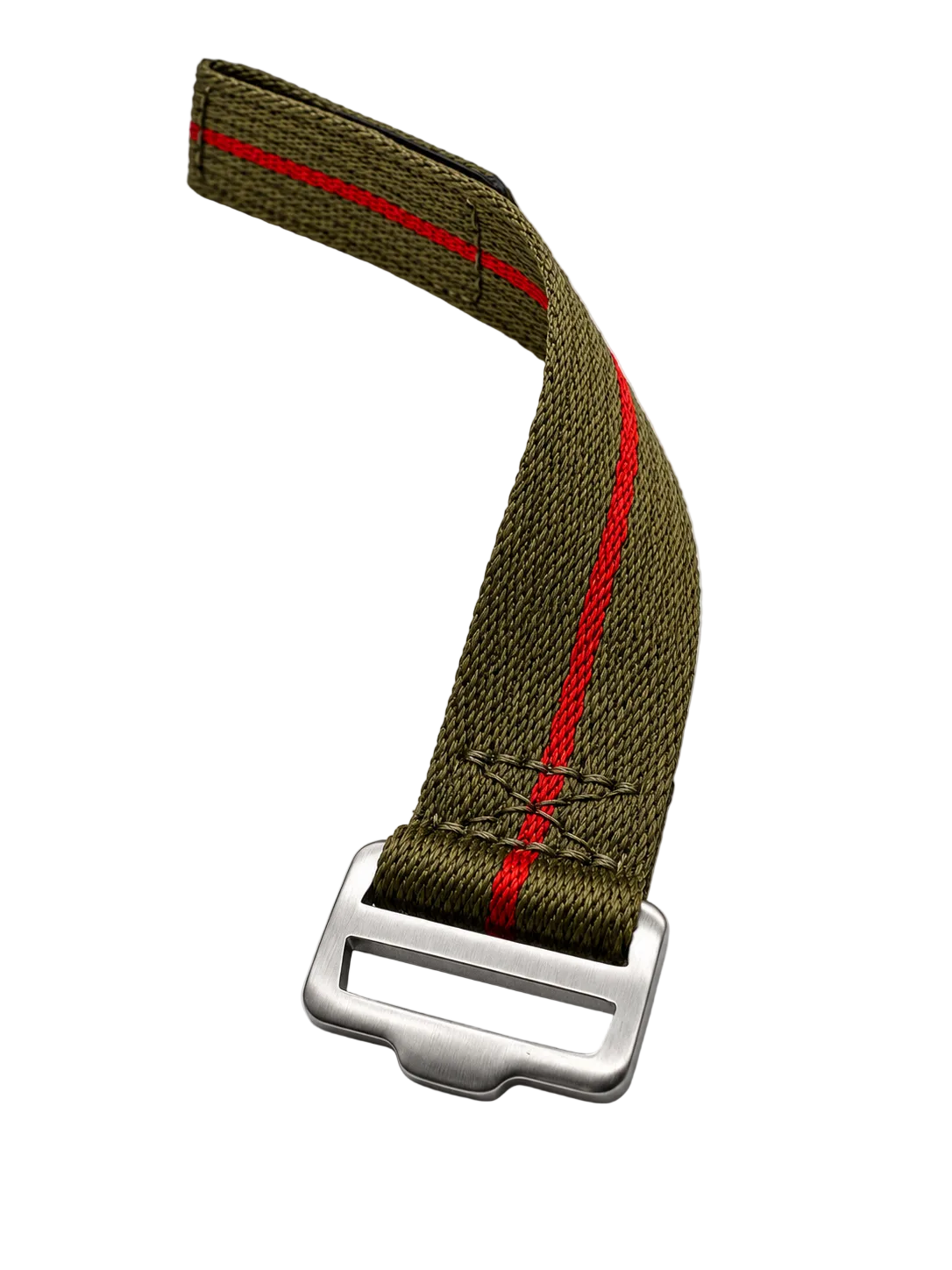 An olive green watch strap with a single red stripe and a brushed steel metal buckle, photographed on a light background.