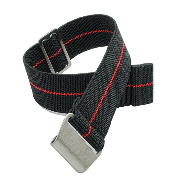Parachute watch strap in black with red stripe, elastic material, quick dry with brushed steel hardware. 