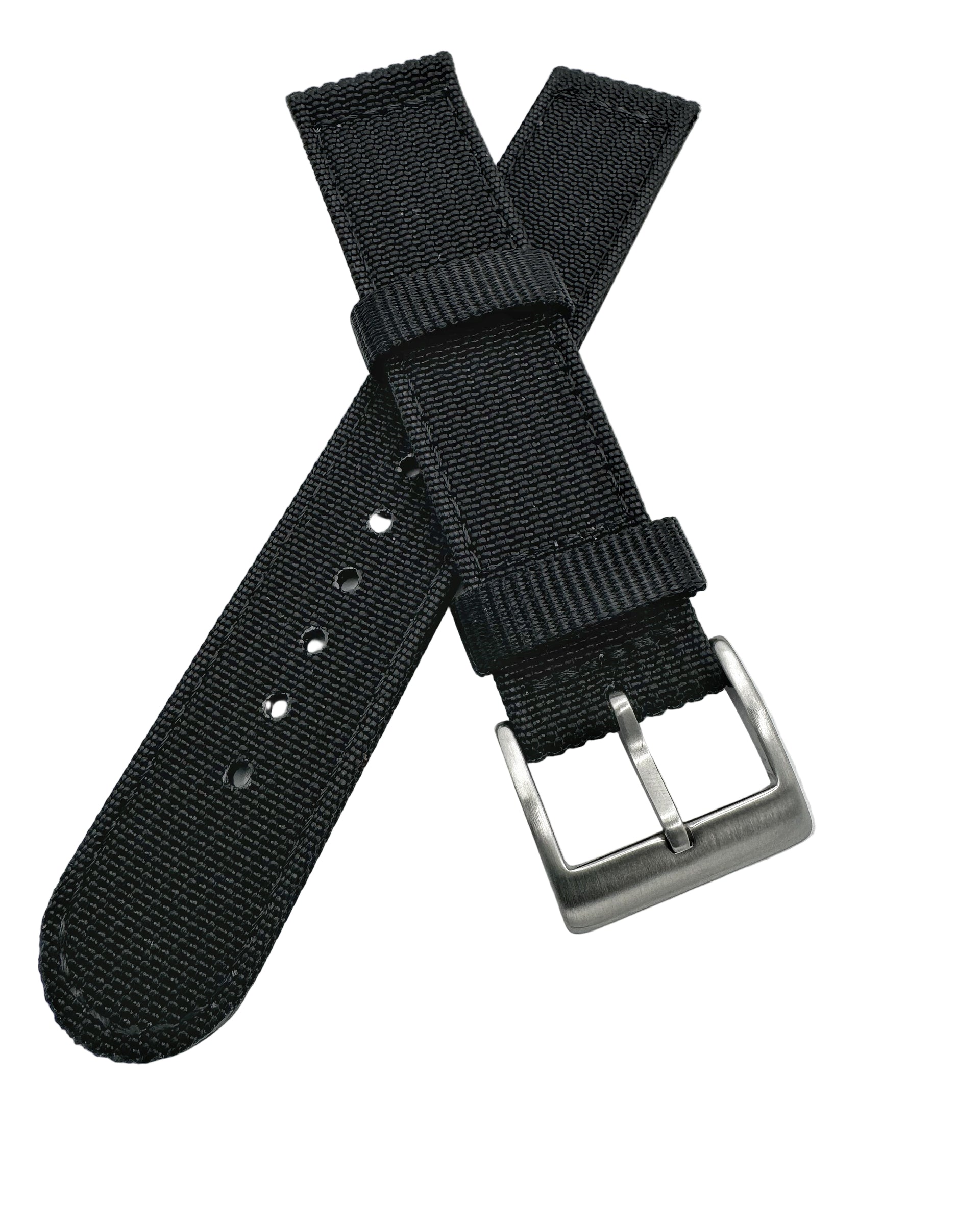 A black tough nylon field watch strap with metal buckle, showcasing its rugged texture and 20mm width.