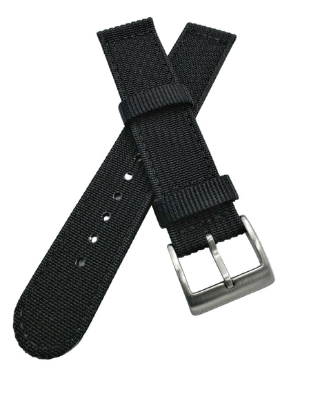 A black tough nylon field watch strap with metal buckle, showcasing its rugged texture and 20mm width.