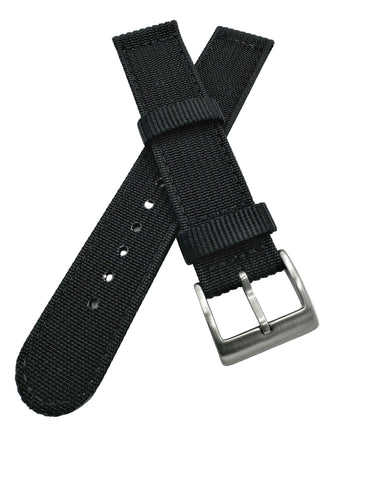 A black tough nylon field watch strap with metal buckle, showcasing its rugged texture and 20mm width.