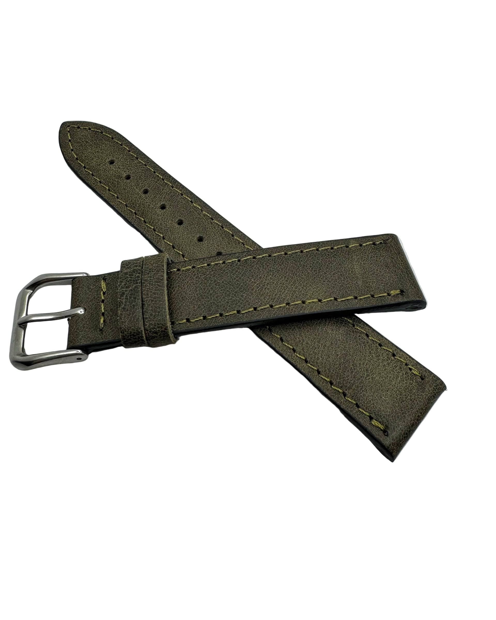 Vintage Military Green Leather Watch Strap in 20mm with Matching Green Stitching