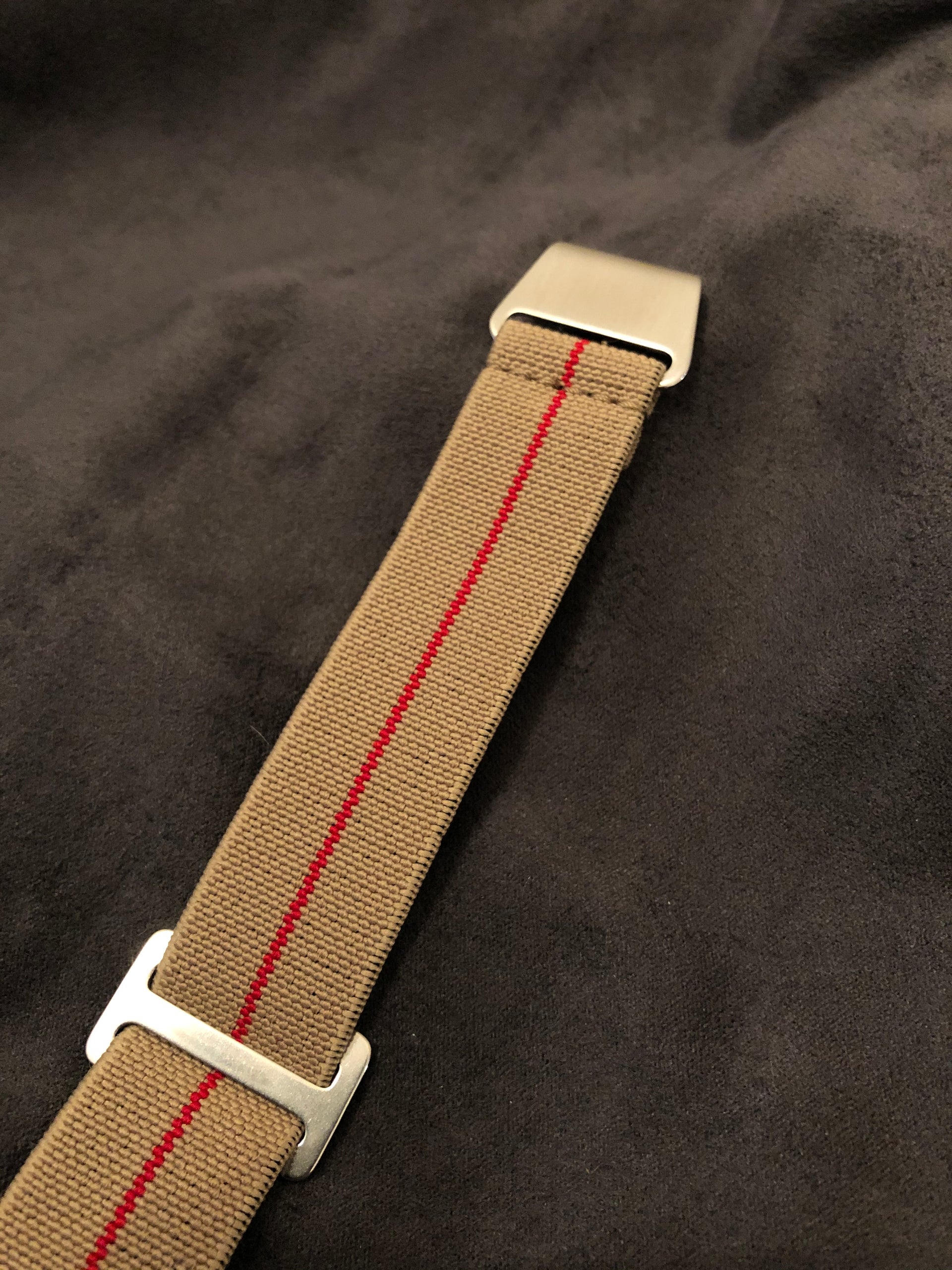 Parachute Style "No Pass" Elastic Watch Straps - Khaki With Red Stripe - American Microbrand