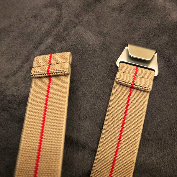 Parachute Style "No Pass" Elastic Watch Straps - Khaki With Red Stripe - American Microbrand