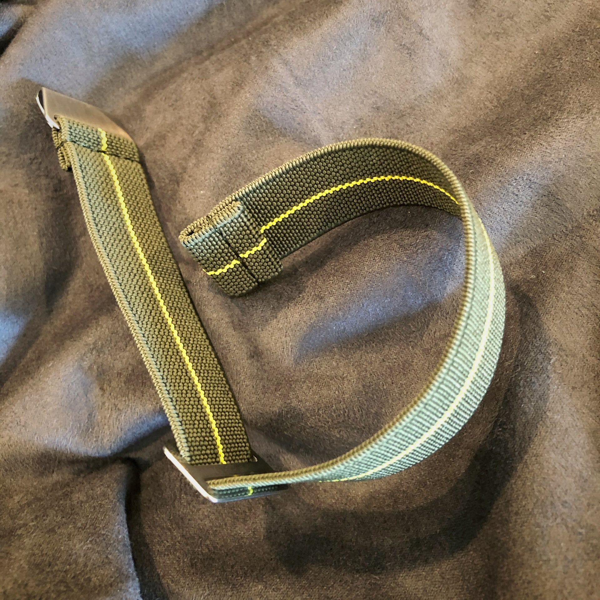 Parachute Style "No Pass" Elastic Watch Strap - Forest Green and Yellow Stripe - American Microbrand