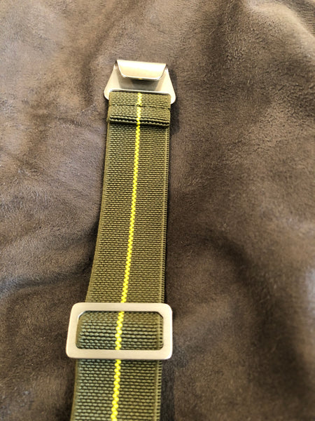 Parachute Style "No Pass" Elastic Watch Strap - Forest Green and Yellow Stripe - American Microbrand