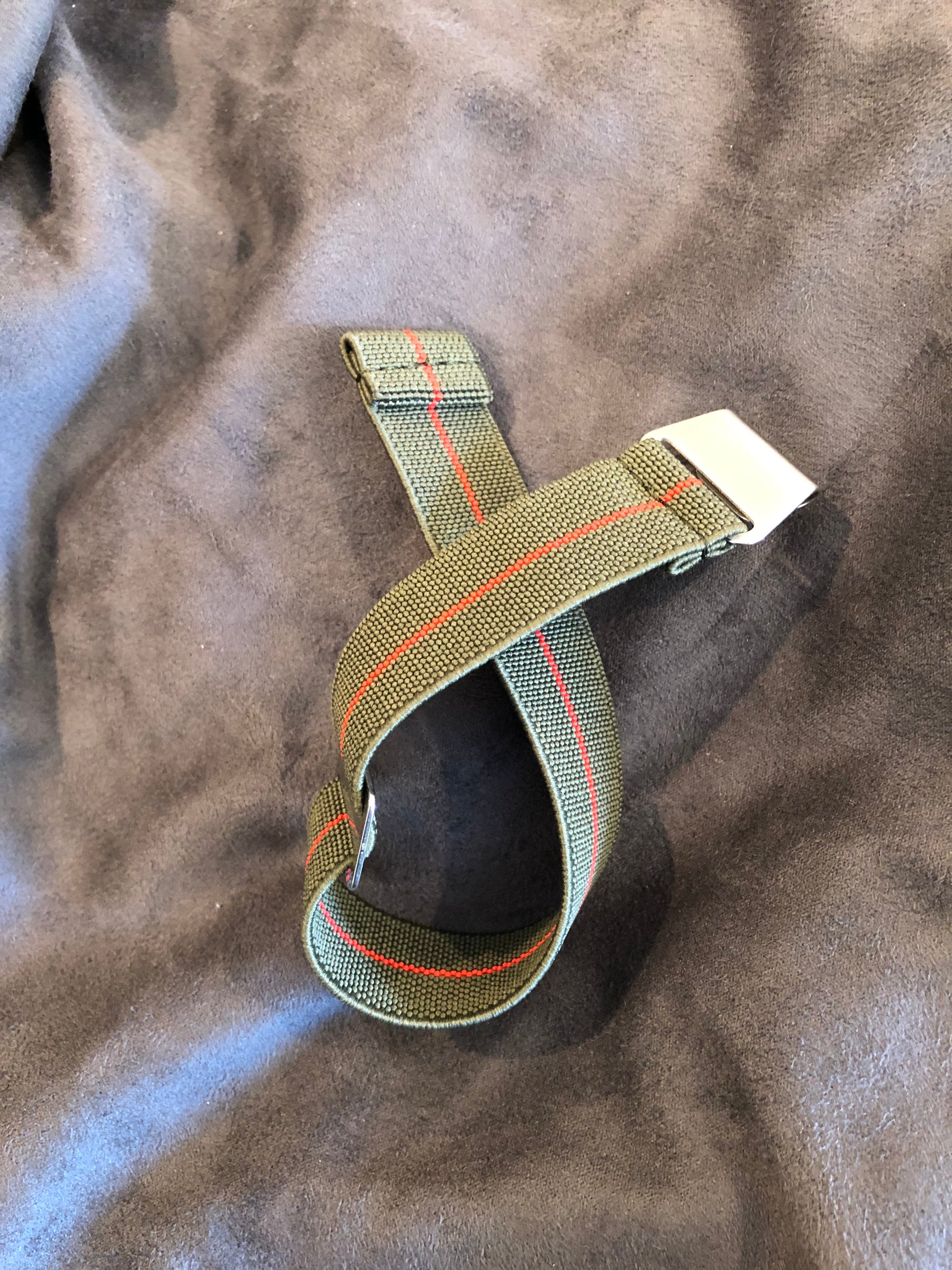 Parachute Style "No Pass" Elastic Watch Strap - Forest Green and Red Stripe - American Microbrand