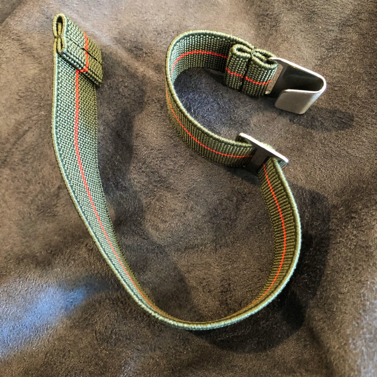 Parachute Style "No Pass" Elastic Watch Strap - Forest Green and Red Stripe - American Microbrand