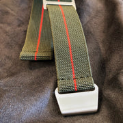 Parachute Style "No Pass" Elastic Watch Strap - Forest Green and Red Stripe - American Microbrand