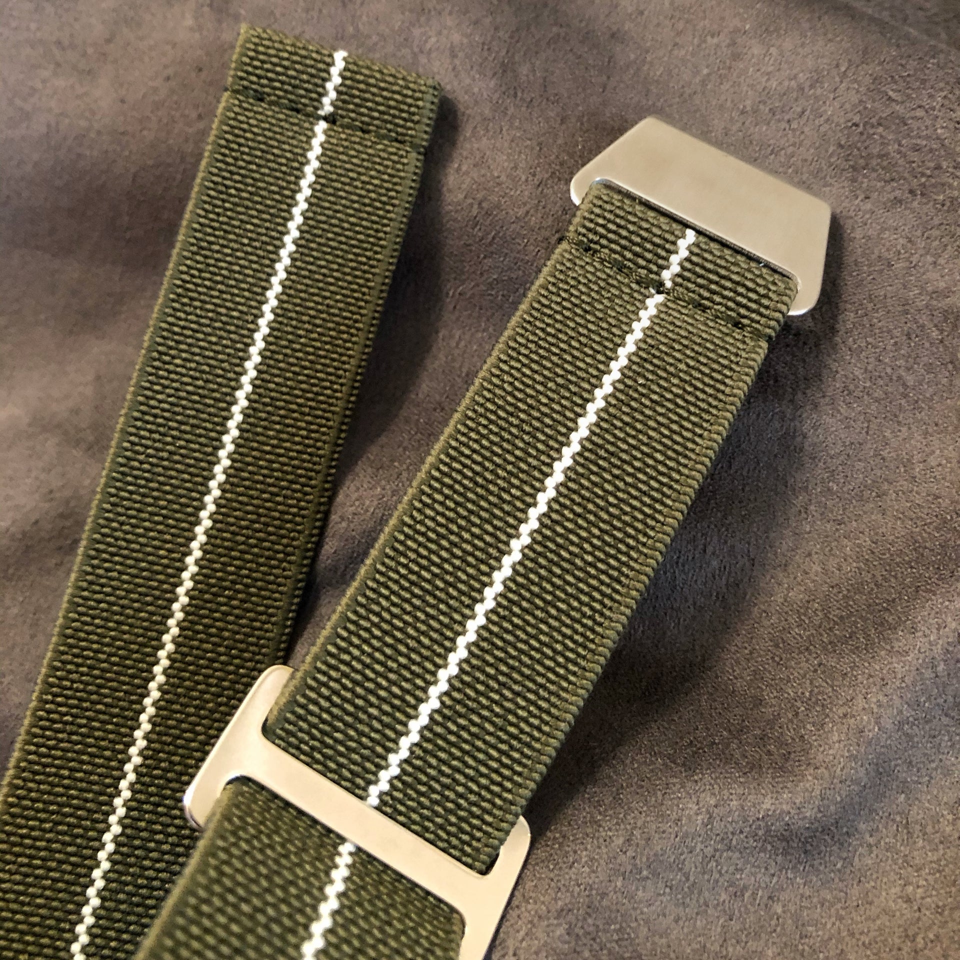 Parachute Style "No Pass" Elastic Watch Straps - Army Green with White Stripe - American Microbrand