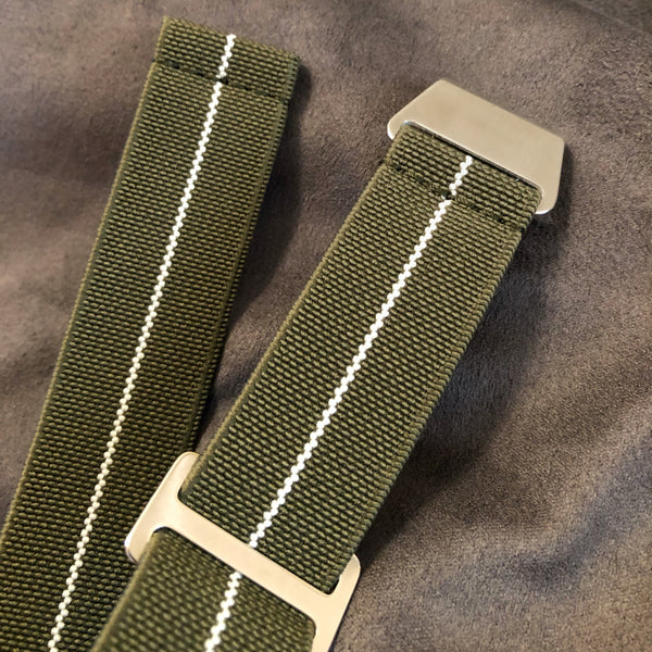 Parachute Style "No Pass" Elastic Watch Straps - Army Green with White Stripe - American Microbrand