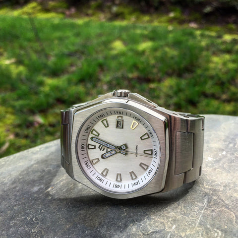 Stainless Steel With Brushed White/Silver Dial on Steel Bracelet Automatic Watch - American Microbrand