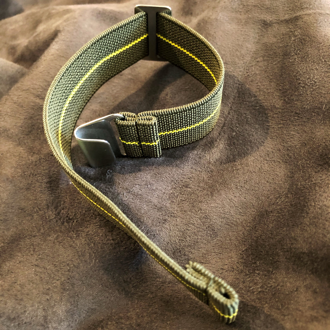 Parachute Style "No Pass" Elastic Watch Strap - Forest Green and Yellow Stripe - American Microbrand