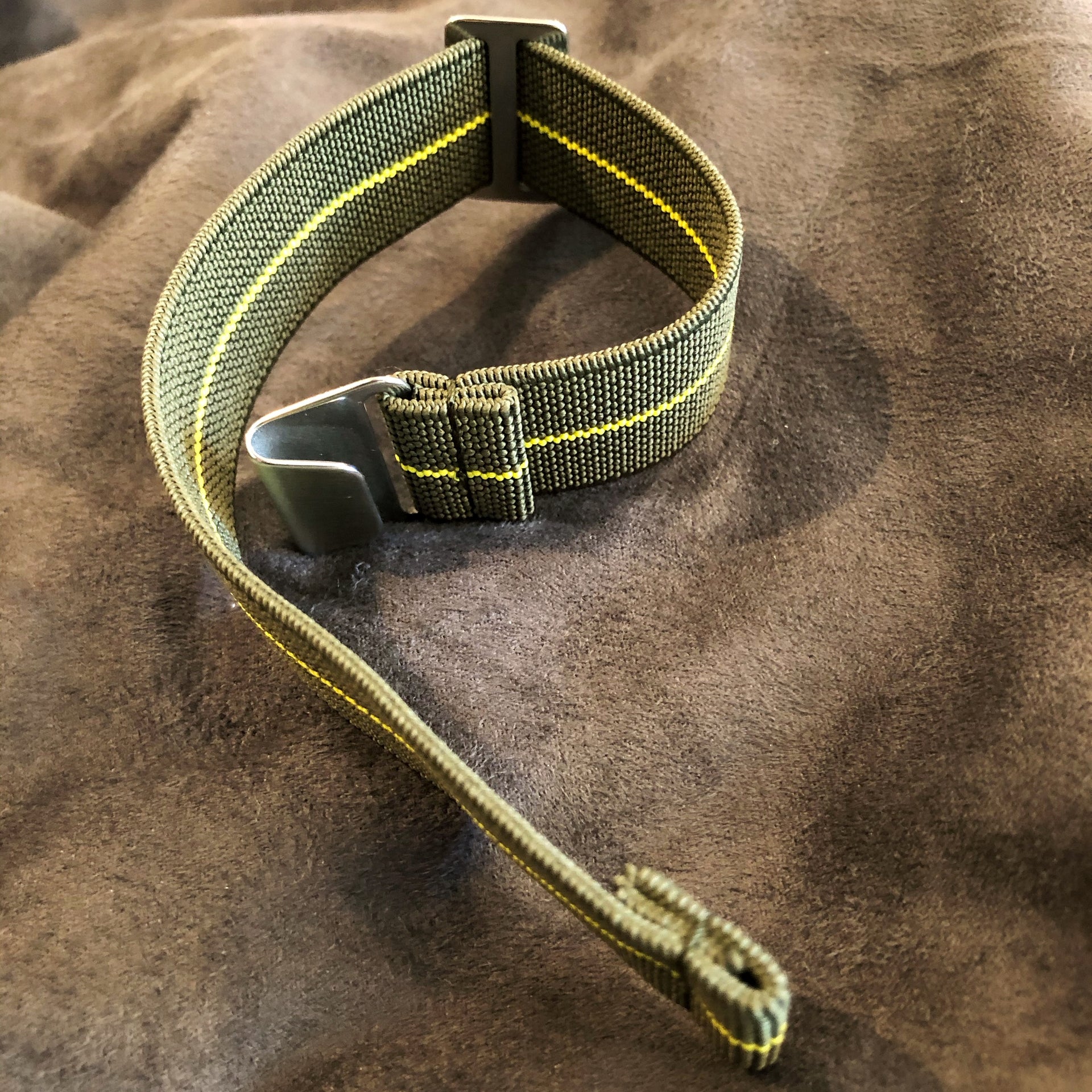 Parachute Style "No Pass" Elastic Watch Strap - Forest Green and Yellow Stripe - American Microbrand