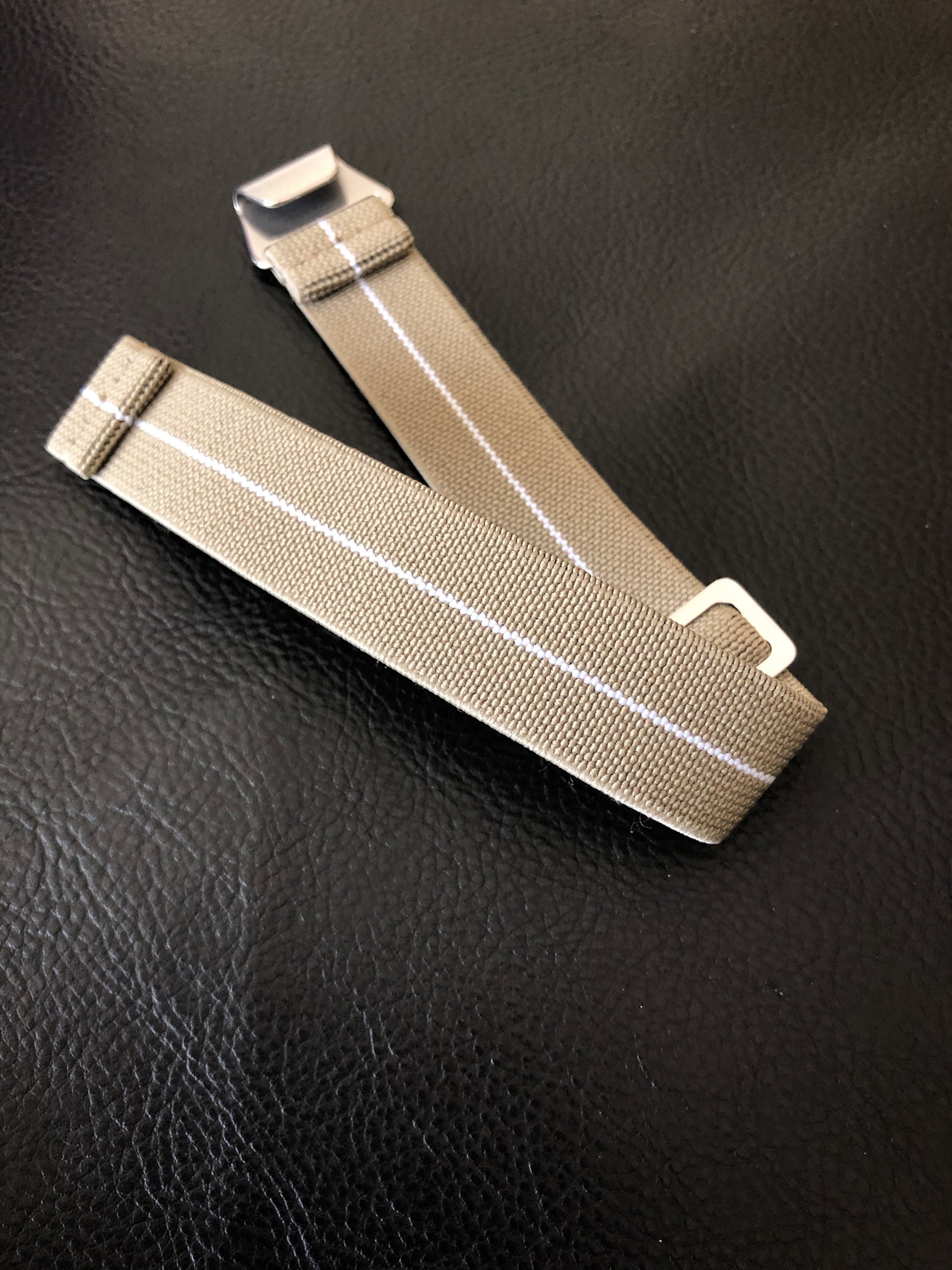 Parachute Style "No Pass" Elastic Watch Strap - Khaki with White Stripe - American Microbrand