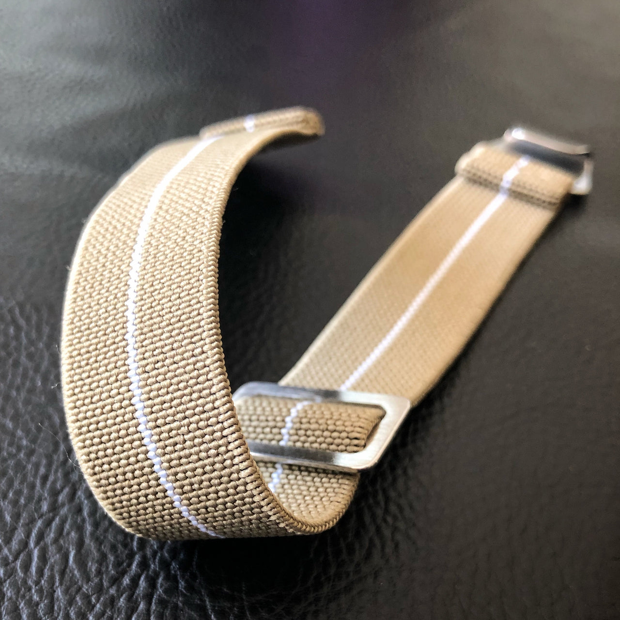 Parachute Style "No Pass" Elastic Watch Strap - Khaki with White Stripe - American Microbrand