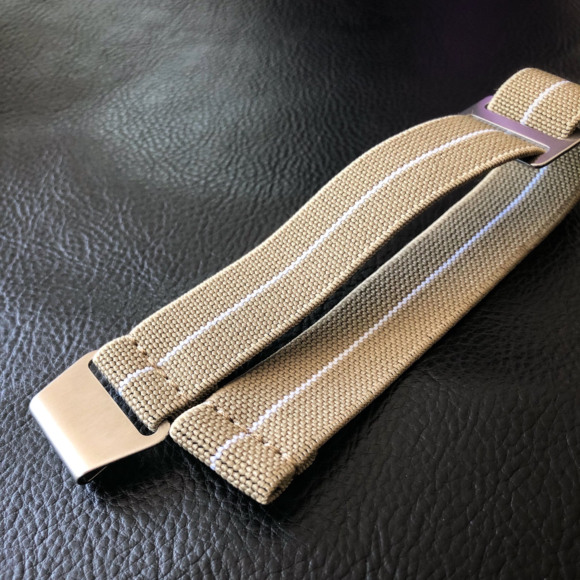 Parachute Style "No Pass" Elastic Watch Strap - Khaki with White Stripe - American Microbrand