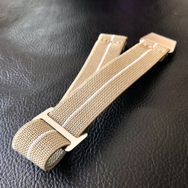 Parachute Style "No Pass" Elastic Watch Strap - Khaki with White Stripe - American Microbrand