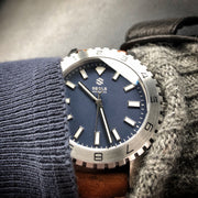 On the Wrist, Dark Seal 200M Water Resistant Automatic Sport Watch with Steel Blue Dial and Applied Indices - American California Microbrand